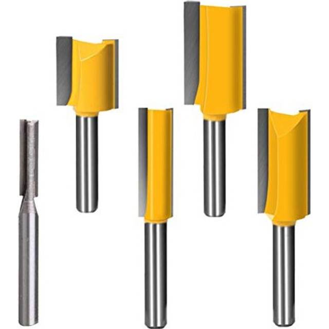 Router Bit Set 1/4 inch Straight Router Bit 5pcs Double Flute Woodworking Milling Cutter Top Bearing Trim Pattern Template Router Bit Set 1/4&quot