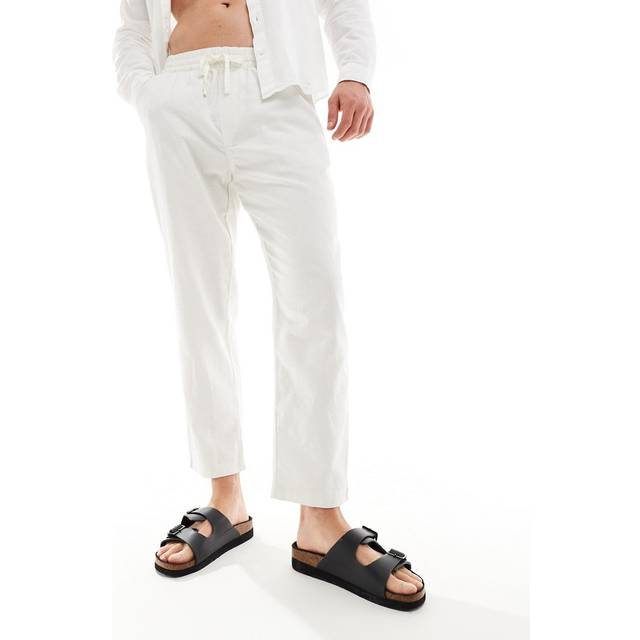 Pull&Bear – Naturvita byxor med vida ben i linnelook-Naturlig