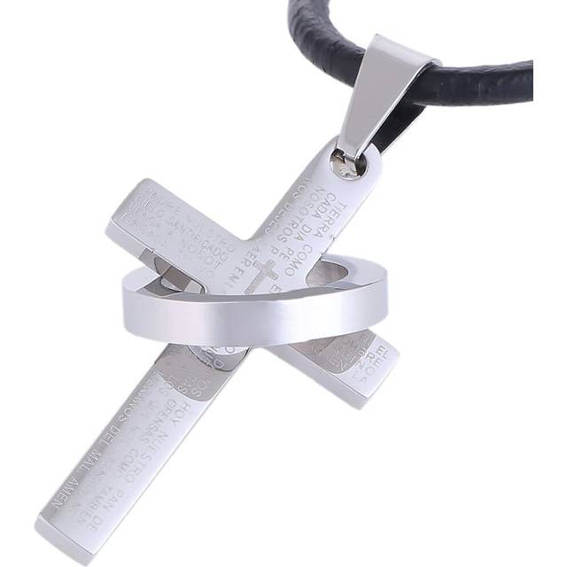 DonDon Men?s Necklace Stainless Steel or Leather with a Stainless Steel Cross Pendant in a Velvet Bag - Silver