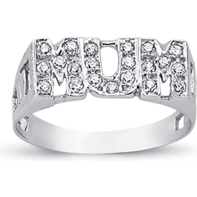 (Q) Jewelco London Rhodium Plated Sterling Silver Round Cubic Zirconia MUM Signet ID Ring 8mm