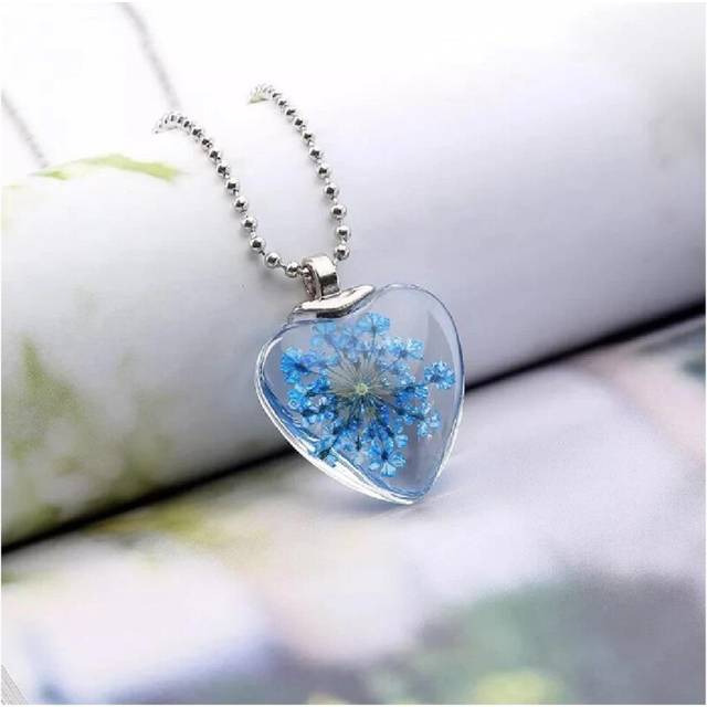 (Dark blue) Love Heart REAL Flower Colour Pendant Silver Necklace