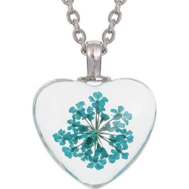 (Light blue) Love Heart REAL Flower Colour Pendant Silver Necklace