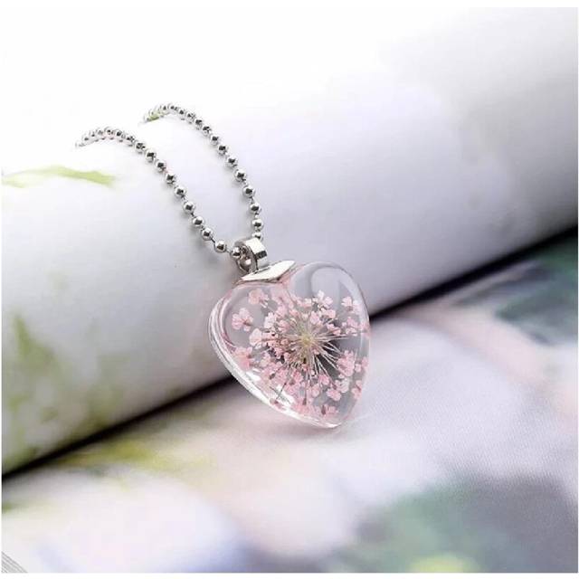 (Light pink) Love Heart REAL Flower Colour Pendant Silver Necklace