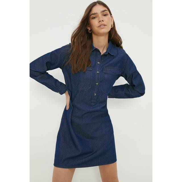 Womens Denim 2 Pocket Mini Shirt Dress - Washed Indigo - 10