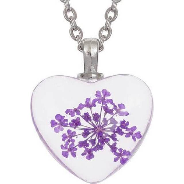 (Purple) Love Heart REAL Flower Colour Pendant Silver Necklace