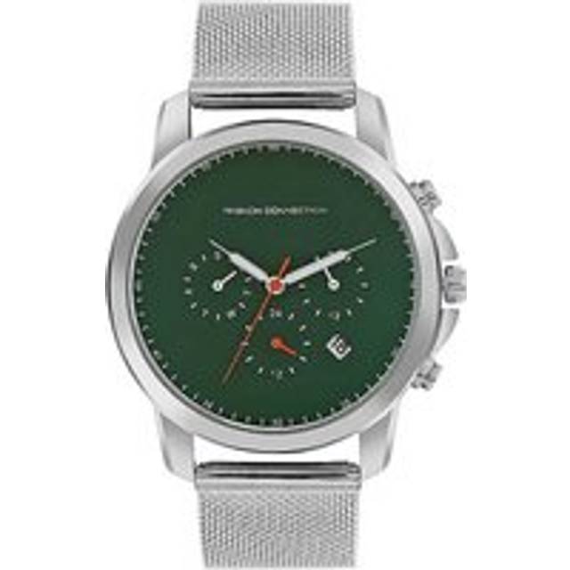 French Connection Men's Silver Mesh Strap Watch with Green Multi Dial