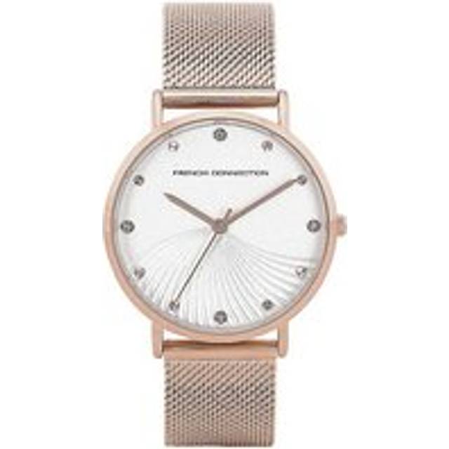 French Connection Ladies Gold Mesh Strap Watch with White Fan Textured Dial