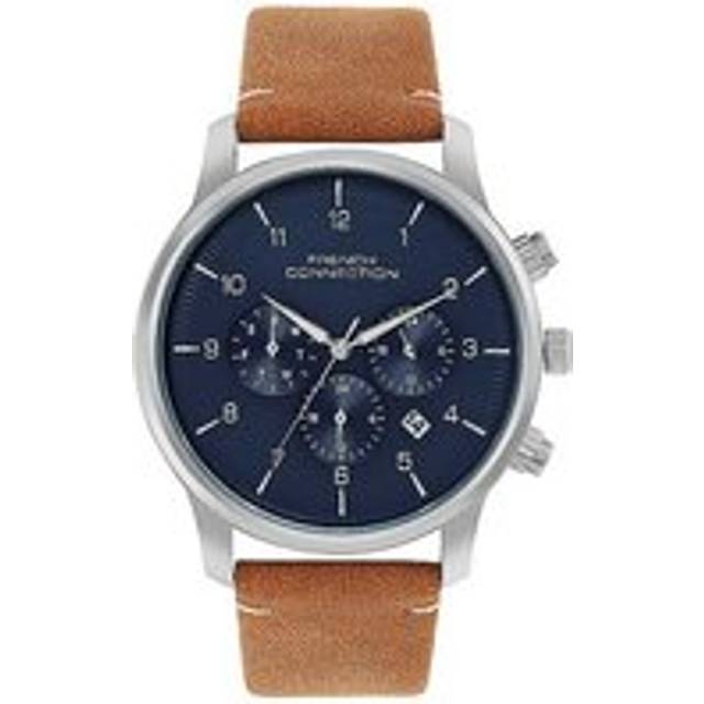 French Connection Men's Tan Strap Watch with Blue Multi Dial - Silver