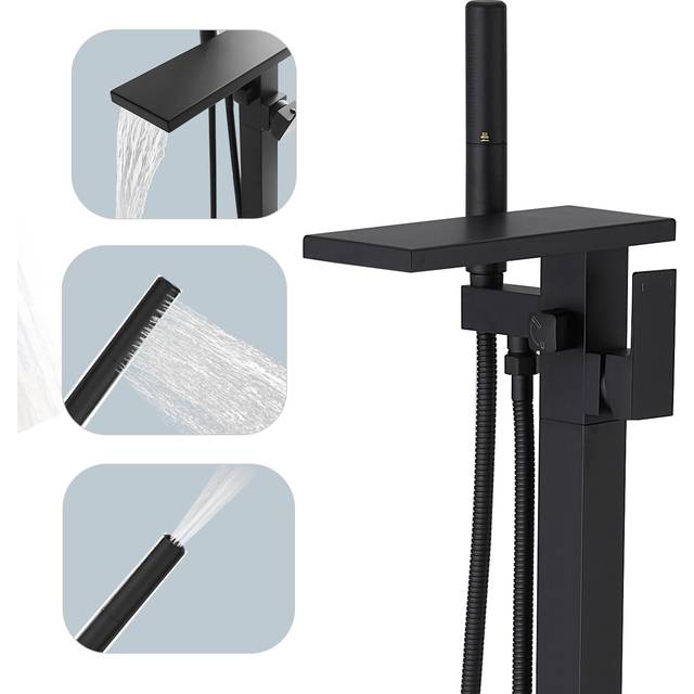 Hoimpro Freestanding Bathtub Faucet Waterfall Tub Filler Matte Black Floor Mount Brass Single Handle Bathroom Tub Faucets with 2