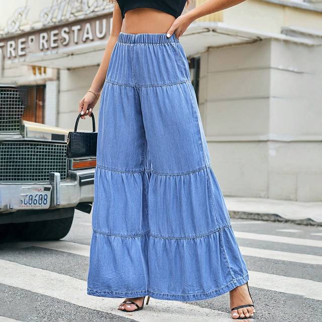 Kvinnor Casual Lös Denim Effekt Vida Ben Byxor - Ljustvätt (26,27,28,30,32)