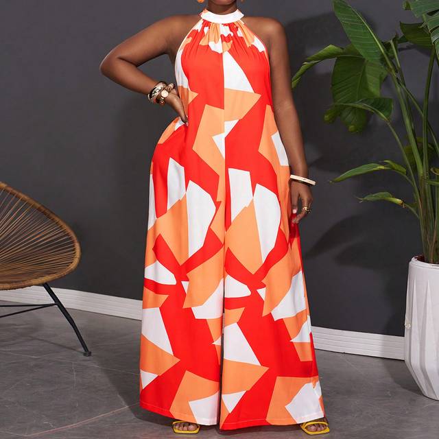 Plus Size ärmlös geometriskt tryck Jumpsuit med vida ben för semester och fritid för sommaren - Orange (0XL,1XL,2XL,3XL,4XL,5XL)