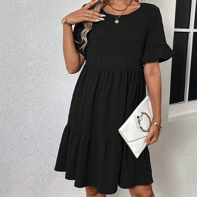Kvinnor Sommar Enfärgad Rundhals Kortärmad Loose Fit Klänning med volangfåll - Svart (L,M,S,XL,XS,XXL,XXS)
