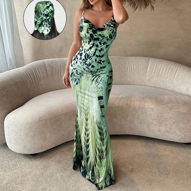 Kvinnors Leopardtryck Spaghetti-rem Mermaid Klänning Vår Sommar Kvinnor Kläder Bachelorette Party Vår Födelsedag Sexig - Grön (L,M,S,XL,XS,XXL,XXS,XXXL,XXXXL)