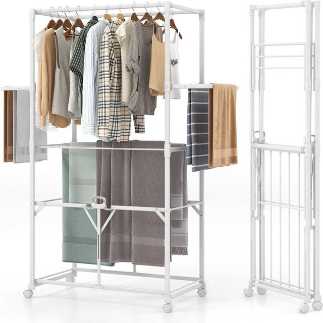 H-shaped clothes drying rack collapsible hanging dryer stand w/2 folding shelves