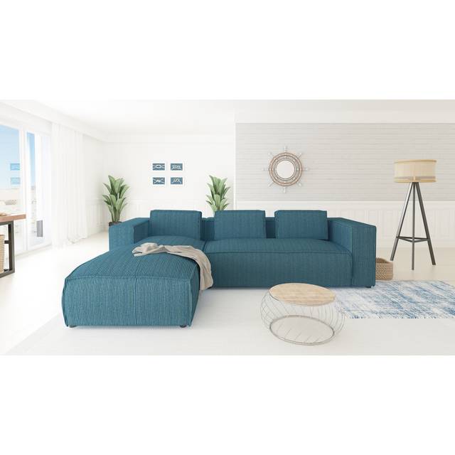 Modern L-Shape Corner Sofa Ohagan Made of Cord with Soft Seat - Turquoise (64cm H X 262cm W X 176cm D)