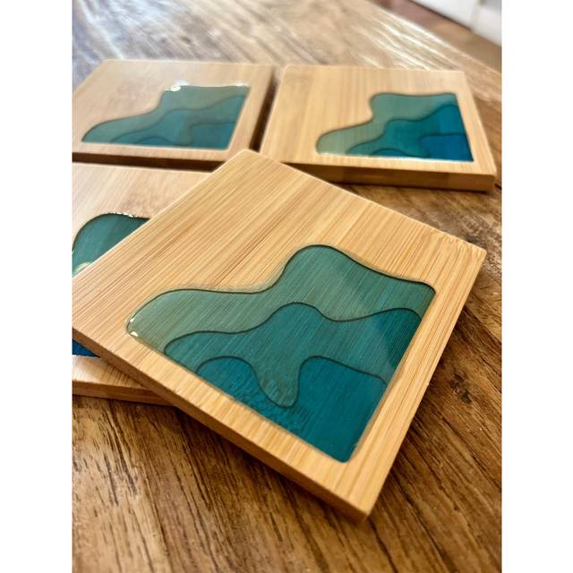 Bamboo Ocean Wave Resin Art - Square Coasters 4Pc Set - Brown (0.4cm X 10cm W)