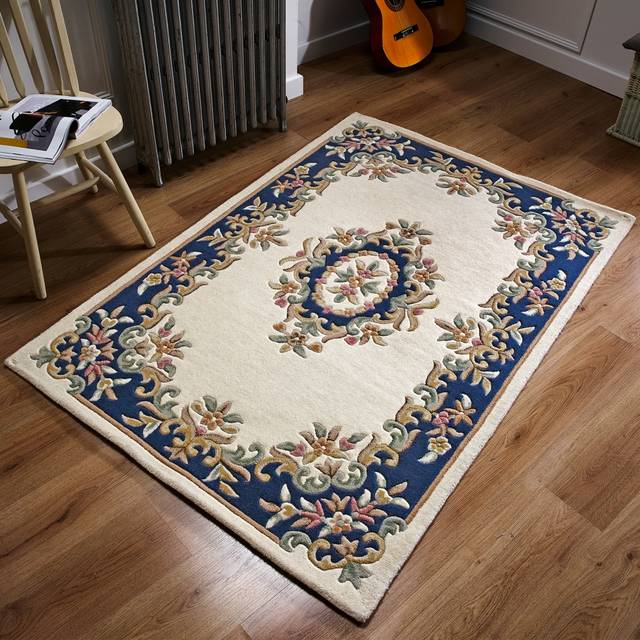 (CREAM BLUE, 120 x 180 cm ) Traditional Pure Wool Rugs Hall Runner Round Circle Half Moon Mat Small Extra Large Carpet Eco Friendly Handmade