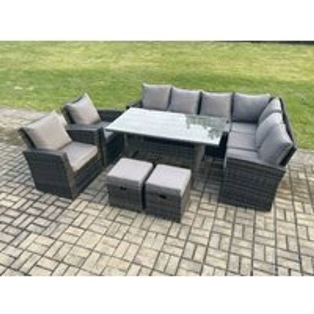 Fimous 10 Seater Garden Rattan Furniture Corner Sofa Dining Table Chairs with 2 Small Footstools Indoor Outdoor Lounge Sofa Set