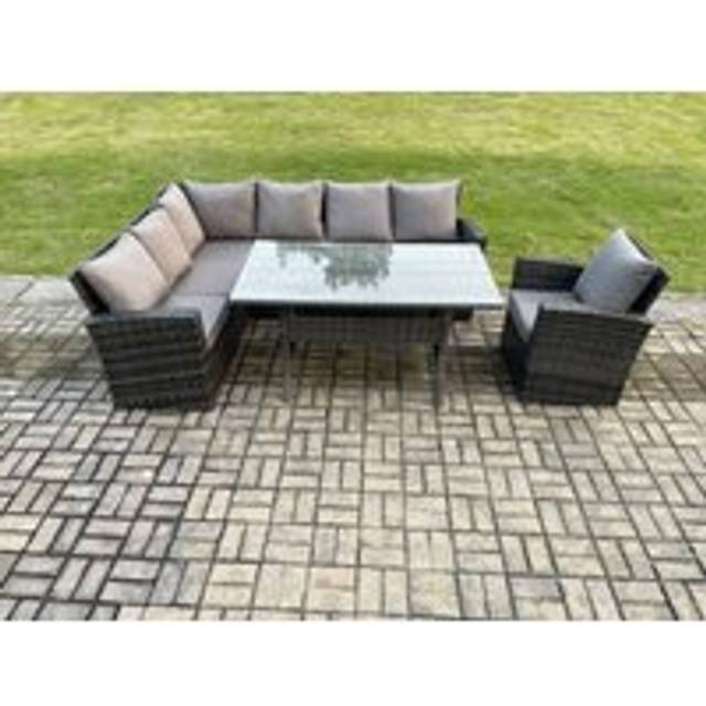 Fimous 7 Seater Garden Rattan Furniture Corner Dining Set Indoor Outdoor Lounge Sofa Set Dark Grey Mixed