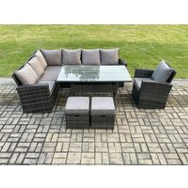 9 Seater Garden Rattan Furniture Corner Dining Set with 2 Small Footstools Armchair Indoor Outdoor Lounge Sofa Set - Fimous