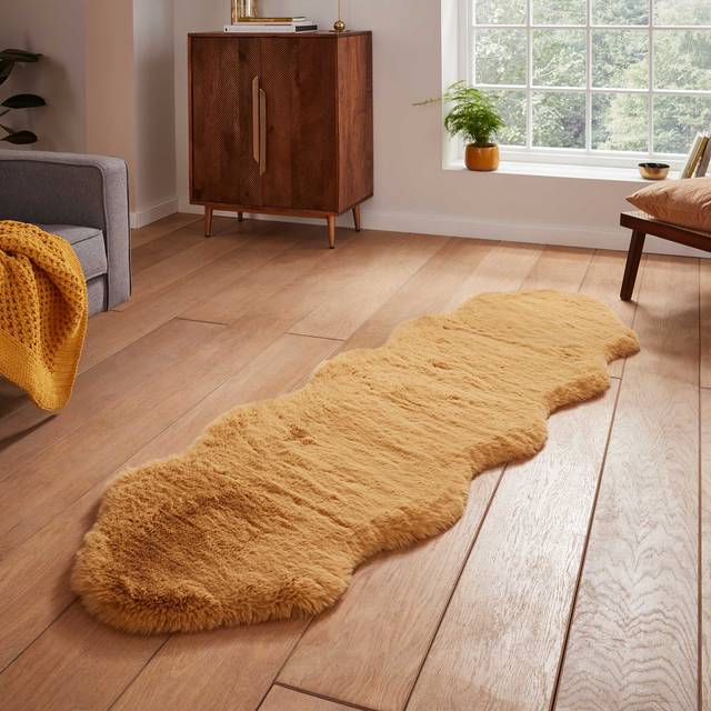 Think Rugs Super Teddy Mustard Sheepskin 060 x 180cm Polyester Plain Shaggy Double Sheepskin, Cream