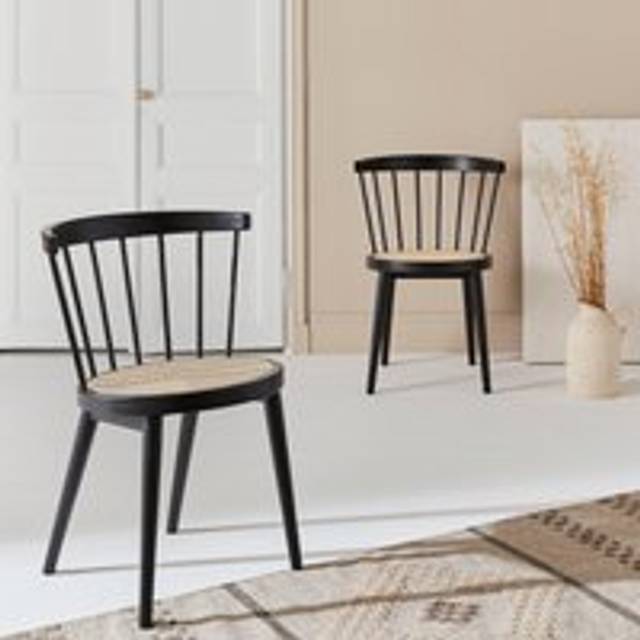 Sweeek - Pair of wood and cane dining chairs, Nora, Black, 54x54x76.5 cm