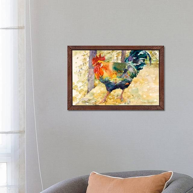 Colourful Rooster by Annelein Beukenkamp - Painting Print on Canvas - Brown Framed (66.04 cm H x 45.72 cm W)