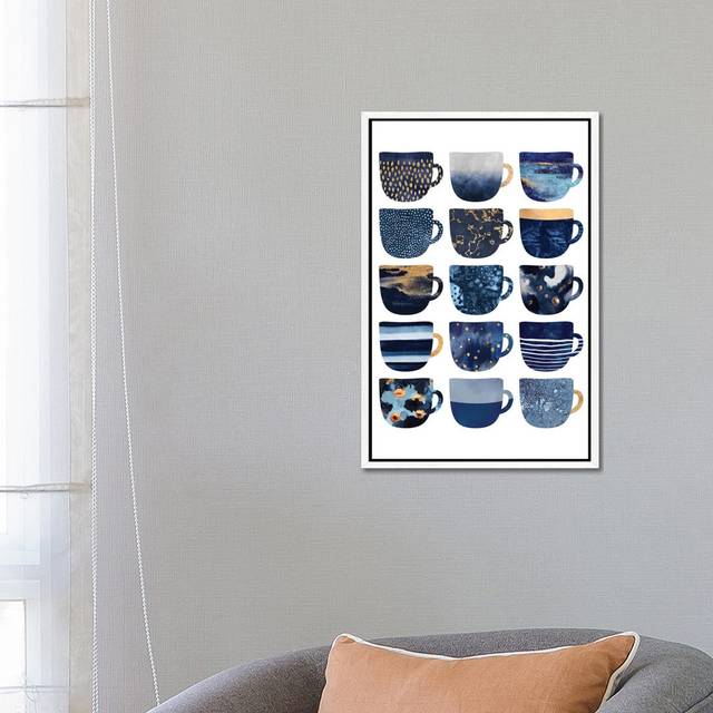 'Pretty Blue Coffee Cups I' - Picture Frame Graphic Art Print on Canvas - White Framed (66.04 cm H x 45.72 cm W)