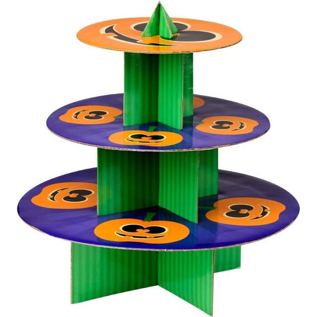 3-tier Cake Stand Halloween Pumpkin Dessert Display Foldable Green (cardboard)