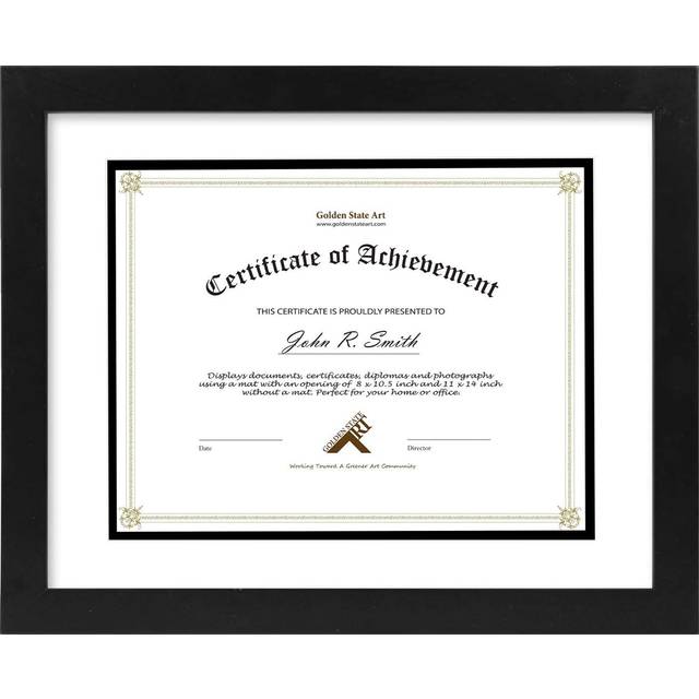 Golden State Art  11x14 Diploma Frame for 8.5x11 Document & Certificates with Mat  Or 11x14 Without Mat  Real Glass  Double Mat Black with White/Black