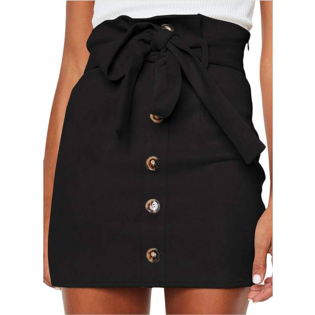 Meyeeka Women's Paperbag Waist Faux Suede Skirt Button Down Plain A-li