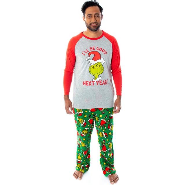 Dr. Seuss The Grinch Who Stole Christmas Men's 2 Piece Raglan Top And Pants Pajama Sets Medium