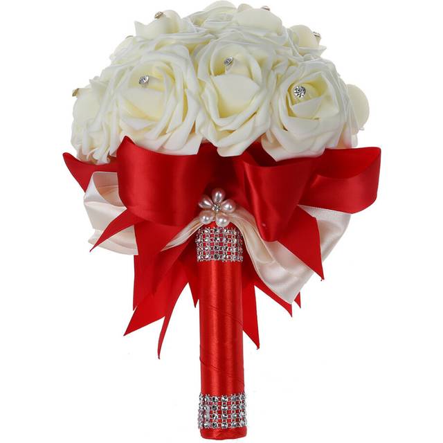 Beautiful Wedding Bouquet Bridal Bridesmaid Flower wedding bouquet artificial flower rose white bridal bouquets-Red&White Ribbon