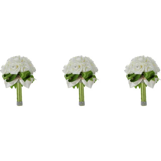 3X Wedding Bouquet Bridal Bridesmaid Flower Wedding Artificial Flower Bouquet White Bridal Bouquets-Green Ribbon
