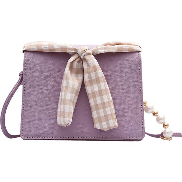Youth Ladies Simple Versatile Bag Fashion Women Pearl Chain Crossbody Bag Plaid Bow PU Travel Daily Shoulder Pouch