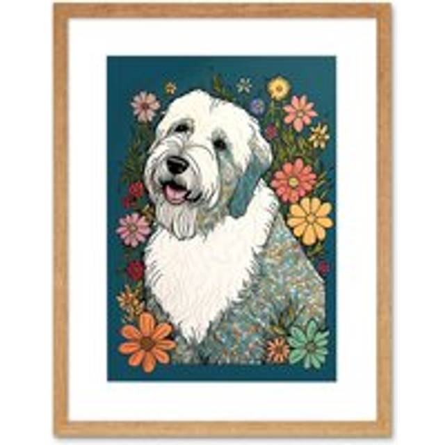Wall Art Print English Sheepdog with Multicolour Daisies Bright Flowers Modern Artwork Framed 9X7 Inch - Beige - W7 inch x H9 inch