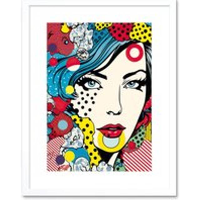 Wall Art Print Woman Blue Eyes Abstract Comic Book Style Portrait Pop Art Bedroom Decor Teen Halftone Artwork Framed 9X7 Inch - White - W7 inch x H9 i - W7 inch x H9 inch
