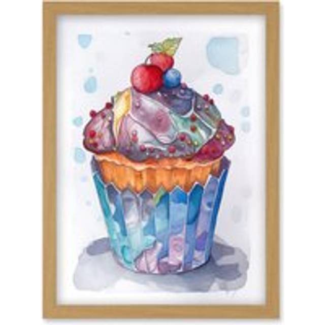 Cupcake Icing With Fruit Folk Art Watercolour Painting Artwork Framed Wall Art Print A4 - Tan - One Size