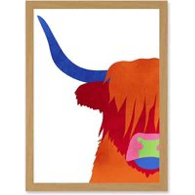 Bright Highland Scottish Cow Bull Coo Colourful Artwork Framed Wall Art Print A4 - Tan - One Size