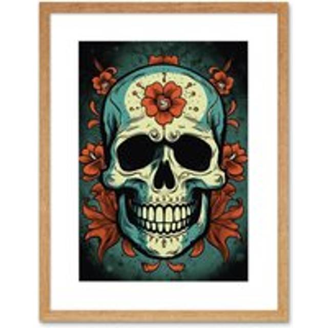 Wall Art Print Old School USA Tattoo Ink Body Art Flowers Skull Rockabilly Americana 50s Artwork Framed 9X7 Inch - Beige - W7 inch x H9 inch
