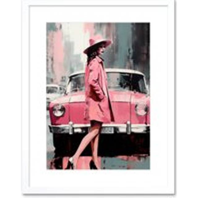Wall Art Print Woman and Classic Car Retro Pink Aesthetic Artwork Framed 9X7 Inch - White - W7 inch x H9 inch