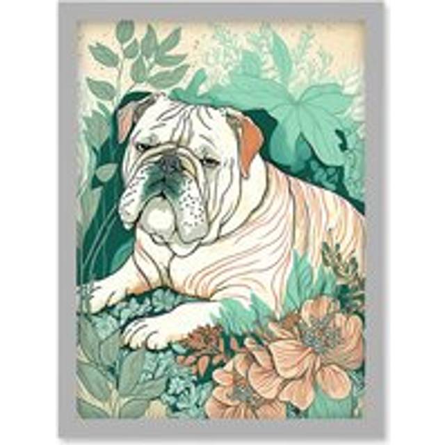Bulldog Lying in a Flower Field Modern Pastel Colour Linocut Illustration Artwork Framed Wall Art Print A4 - Grey - One Size
