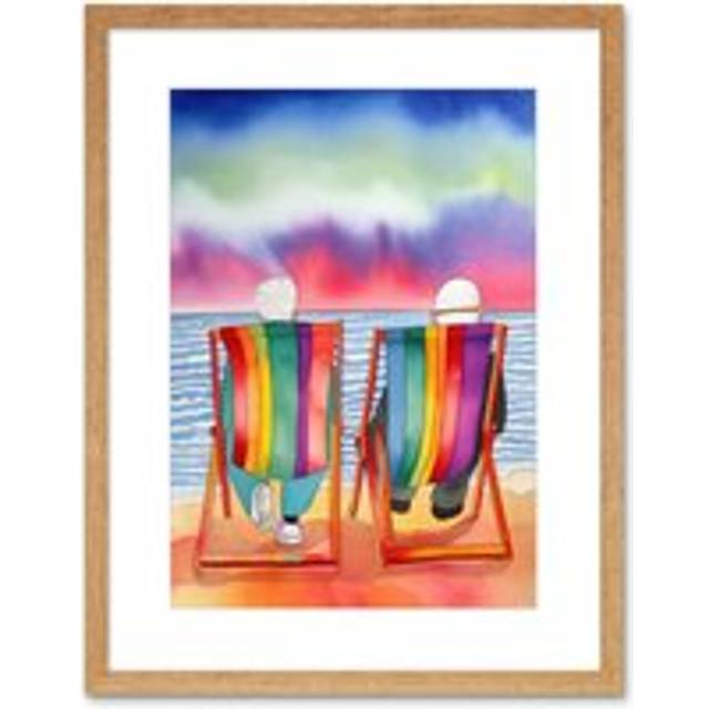Wall Art Print Elderly Couple Sitting At The Beach Looking At The Sunset Sky Watercolour Artwork Framed 9X7 Inch - Beige - W7 inch x H9 inch