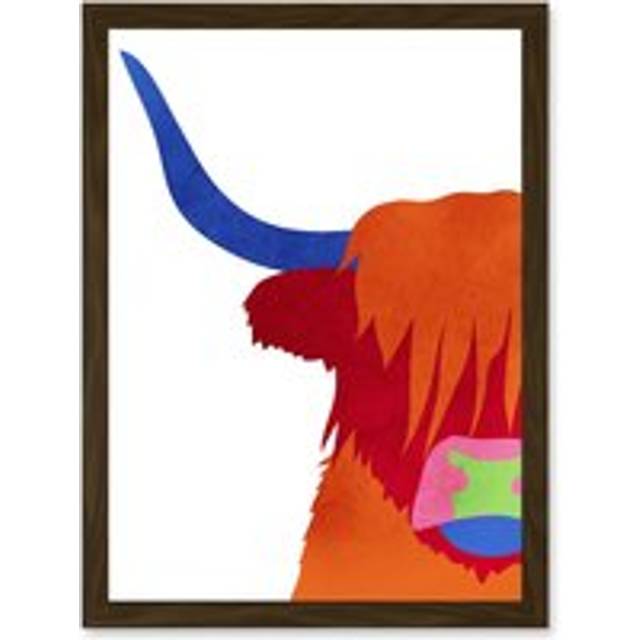 Bright Highland Scottish Cow Bull Coo Colourful Artwork Framed Wall Art Print A4 - Grey - One Size