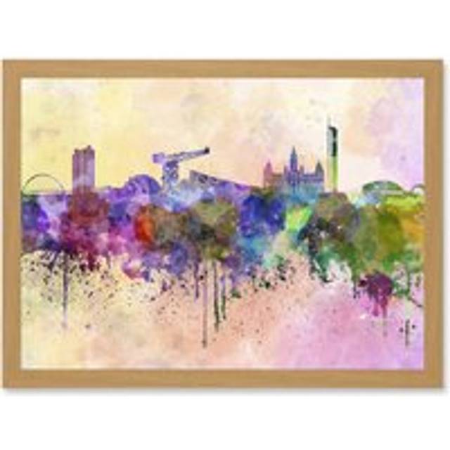 Cityscape Paint Splash Skyline Of Glasgow City A4 Artwork Framed Wall Art Print - Tan - One Size