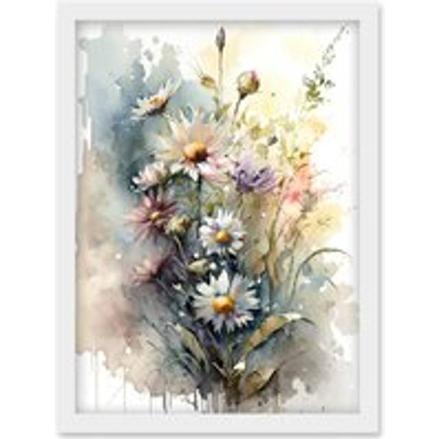 Wild Flower Daisies in Bloom Modern Boho Watercolour Painting Artwork Framed Wall Art Print A4 - White - One Size