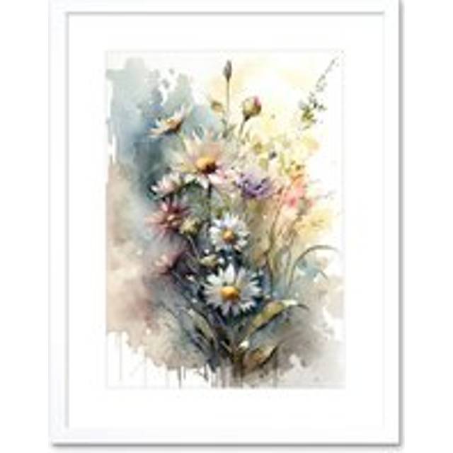 Wall Art Print Wild Flower Daisies in Bloom Modern Boho Watercolour Painting Artwork Framed 9X7 Inch - White - W7 inch x H9 inch