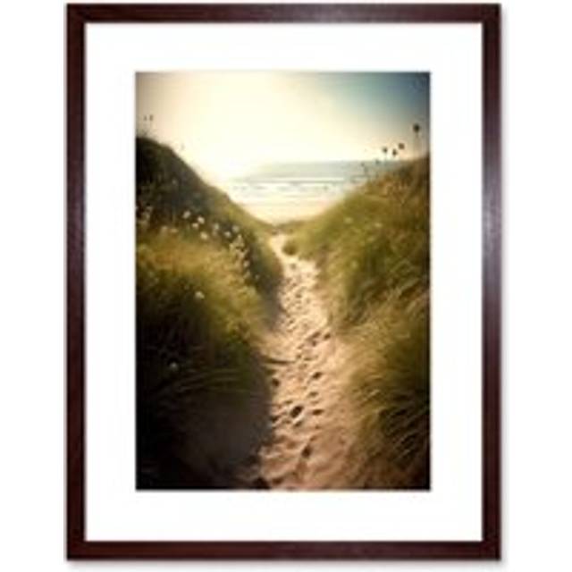 Wall Art Print Summer Beach Path Photograph Bright Sunny Sandy Coastal Landscape Seascape Artwork Framed 9X7 Inch - Brown - W7 inch x H9 inch