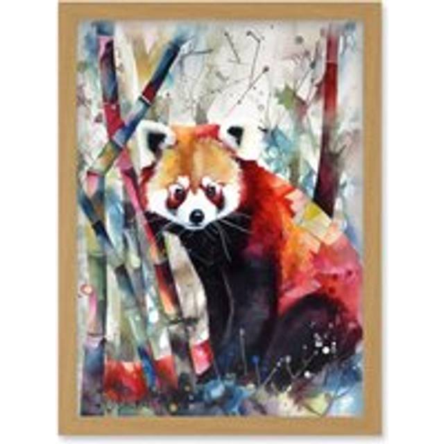 Red Panda In Bamboo Forest Folk Art Artwork Framed Wall Art Print A4 - Tan - One Size