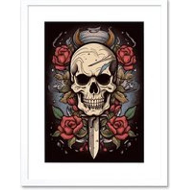 Wall Art Print Skull Dagger and Roses Tattoo Ink Body Art Rockabilly Americana 50s Artwork Framed 9X7 Inch - White - W7 inch x H9 inch